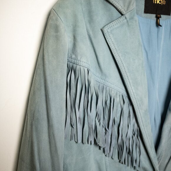 Maje blue Suede leather jacket with fringing - Picture 7 of 7